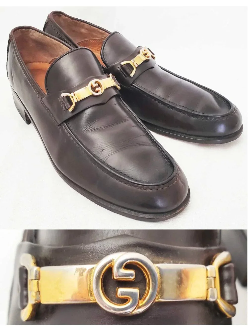Vintage Gucci Men's Dark Brown Leather Loafers Shoes with Gold GG Buckle 42.5